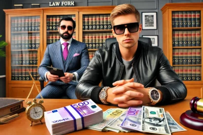 A lawyer sits at his desk in his law firm. In front of him sits a Russian oligarch client wearing sunglasses and a Rolex on his arm. On the desk lies a bundle bank notes