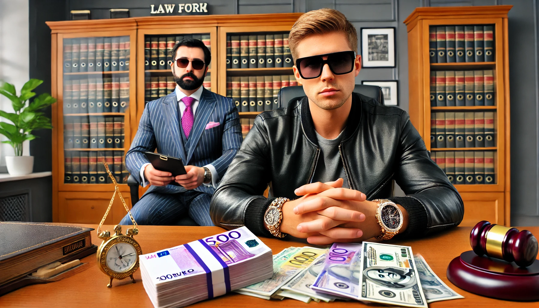 A lawyer sits at his desk in his law firm. In front of him sits a Russian oligarch client wearing sunglasses and a Rolex on his arm. On the desk lies a bundle bank notes