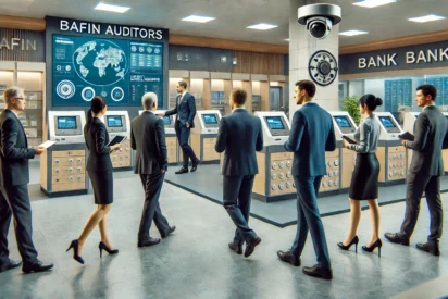 A realistic 16_9 image depicting a group of BaFin auditors being guided through a bank by a money laundering officer. The scene shows the group walkin