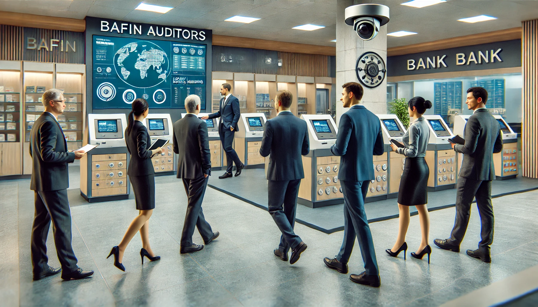 A realistic 16_9 image depicting a group of BaFin auditors being guided through a bank by a money laundering officer. The scene shows the group walkin