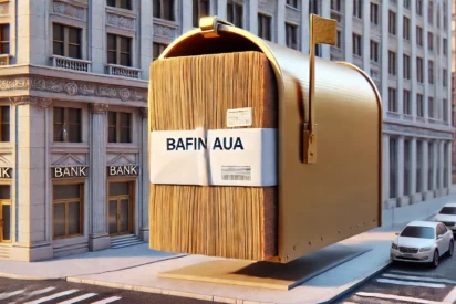A close-up of a mailbox on a bank building in the city. A very thick envelope is sticking out of the mail slot. The envelope is labeled 'BaFin AuA' wi