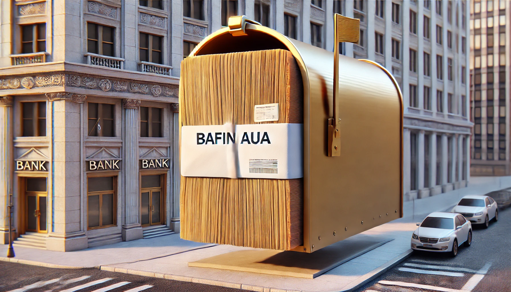 A close-up of a mailbox on a bank building in the city. A very thick envelope is sticking out of the mail slot. The envelope is labeled 'BaFin AuA' wi