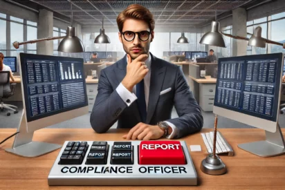 A compliance officer, a man, is sitting at his desk in a bank with three computer screens. Next to the keyboard, there is a red button labeled 'Report