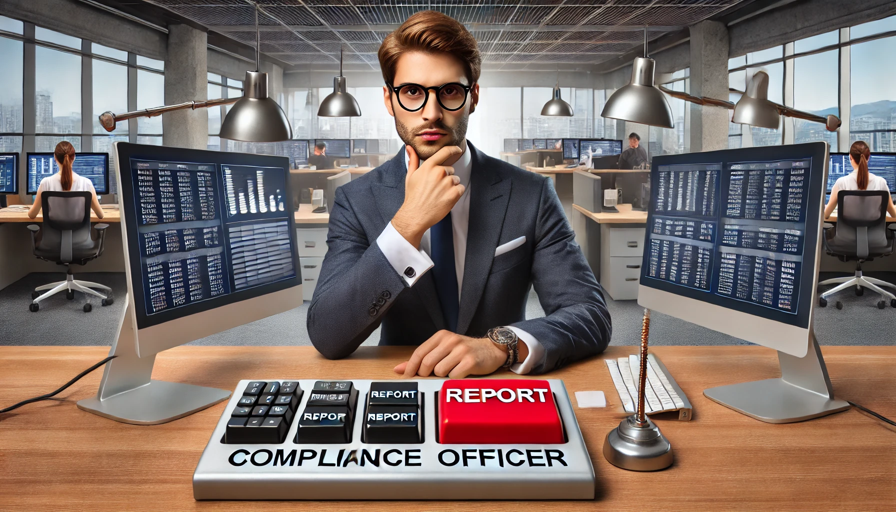 A compliance officer, a man, is sitting at his desk in a bank with three computer screens. Next to the keyboard, there is a red button labeled 'Report